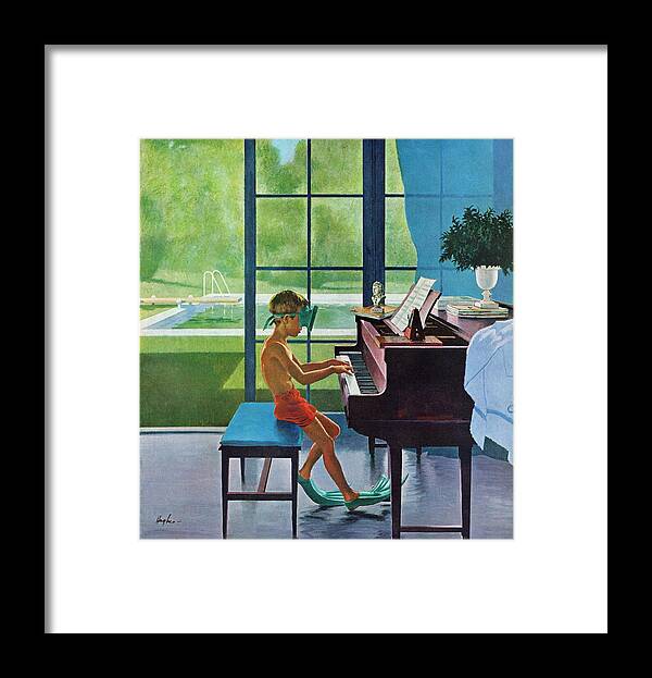 Boy Framed Print featuring the drawing Poolside Piano Practice by George Hughes