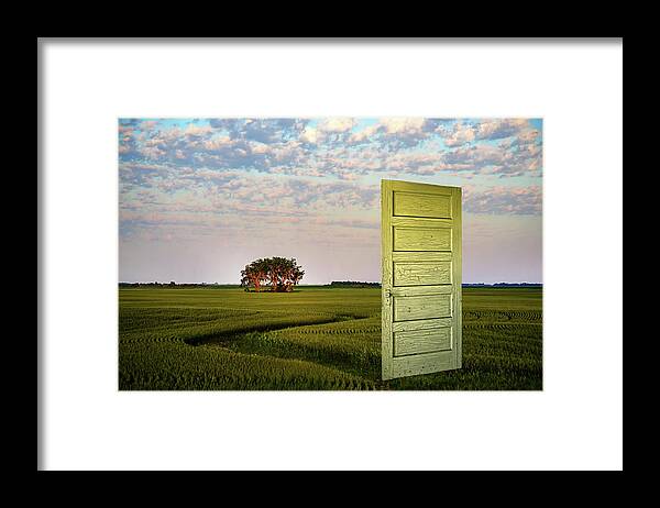 Door Path Trees Sky Coulee Wheat Green Field Farm Ag Nd North Dakota Composite Dream Portal Gateway Opening Pathway Curve Peter Herman Framed Print featuring the photograph Portal - ND wheat field composite with weathered door from an abandoned homestead by Peter Herman