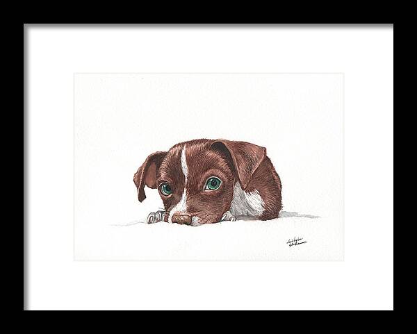 Chocolate Framed Print featuring the painting Portrait of a Chihuahua puppy in watercolor by Christopher Shellhammer