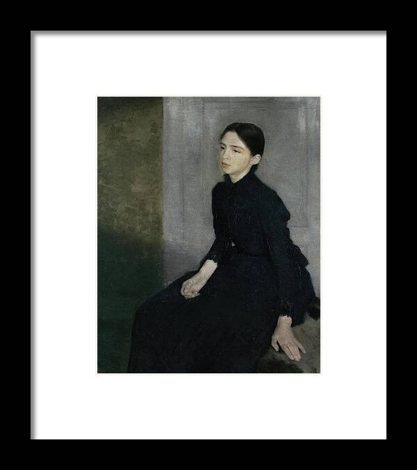 Vilhelm Hammershoi Framed Print featuring the painting Portrait of a young woman, 1885. The artist's sister Anna Hammershoi. Oil on Canvas. 112 x 91, 5 cm. by Vilhelm Hammershoi