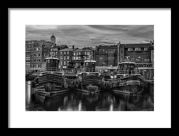 Portsmouth Framed Print featuring the photograph Portsmouth Tugboats at Dawn in Black and White by Thomas Lavoie