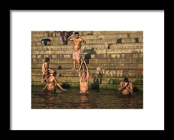 Bath Framed Print featuring the photograph Postures In Holy Bath by Souvik Banerjee