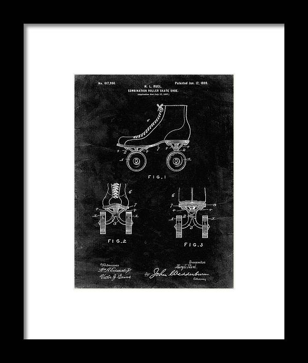 Pp1019-black Grunge Roller Skate 1899 Patent Poster Framed Print featuring the digital art Pp1019-black Grunge Roller Skate 1899 Patent Poster by Cole Borders