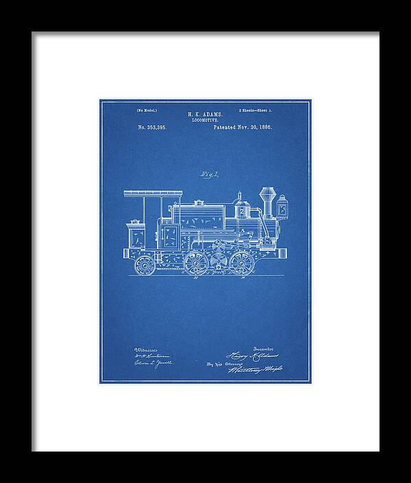 Pp122- Blueprint Steam Locomotive 1886 Patent Poster Framed Print featuring the digital art Pp122- Blueprint Steam Locomotive 1886 Patent Poster by Cole Borders