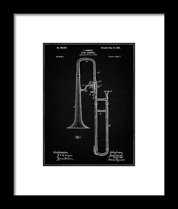 Pp261-vintage Black Slide Trombone Patent Poster Framed Print featuring the digital art Pp261-vintage Black Slide Trombone Patent Poster by Cole Borders
