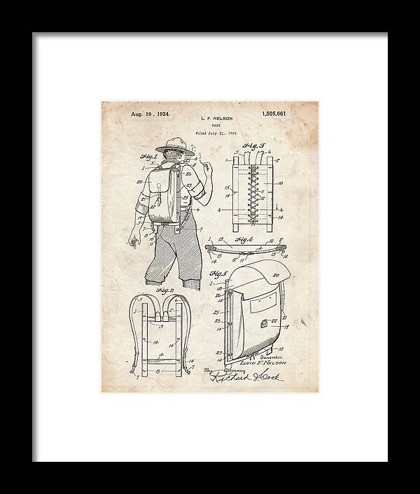Pp342-vintage Parchment Trapper Nelson Backpack 1924 Patent Poster Framed Print featuring the digital art Pp342-vintage Parchment Trapper Nelson Backpack 1924 Patent Poster by Cole Borders