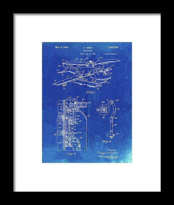 Pp500-faded Blueprint Early Helicopter Patent Poster Framed Print featuring the digital art Pp500-faded Blueprint Early Helicopter Patent Poster by Cole Borders