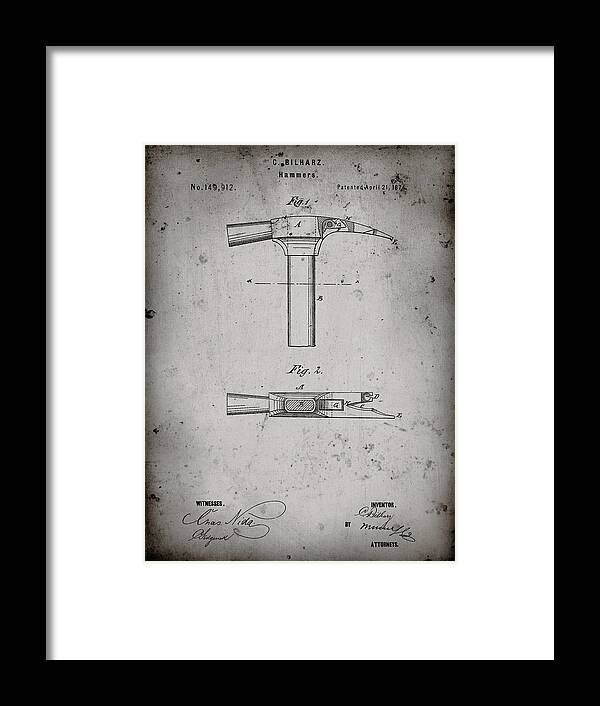 Pp689-faded Grey Claw Hammer 1874 Patent Poster Framed Print featuring the digital art Pp689-faded Grey Claw Hammer 1874 Patent Poster by Cole Borders