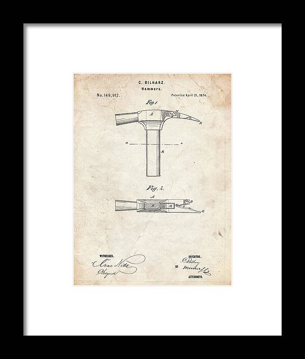 Pp689-vintage Parchment Claw Hammer 1874 Patent Poster Framed Print featuring the digital art Pp689-vintage Parchment Claw Hammer 1874 Patent Poster by Cole Borders