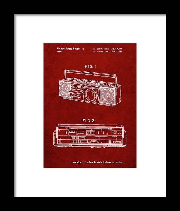 Pp752-burgundy Boom Box Patent Poster Framed Print featuring the digital art Pp752-burgundy Boom Box Patent Poster by Cole Borders
