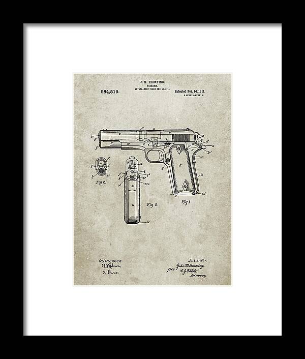 Pp76-sandstone Colt 1911 Semi-automatic Pistol Patent Poster Framed Print featuring the digital art Pp76-sandstone Colt 1911 Semi-automatic Pistol Patent Poster by Cole Borders