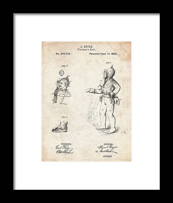 Pp811-vintage Parchment Firefighter Suit 1880 Patent Poster Framed Print featuring the digital art Pp811-vintage Parchment Firefighter Suit 1880 Patent Poster by Cole Borders