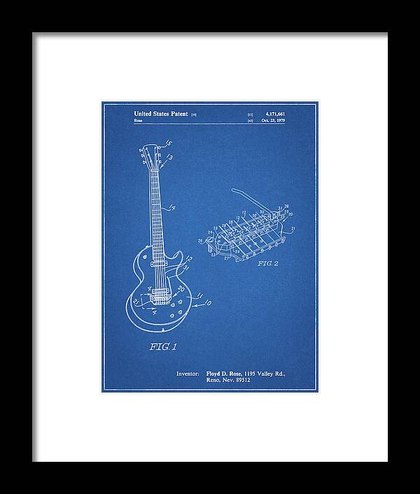 Pp818-blueprint Floyd Rose Guitar Tremolo Patent Poster Framed Print featuring the digital art Pp818-blueprint Floyd Rose Guitar Tremolo Patent Poster by Cole Borders