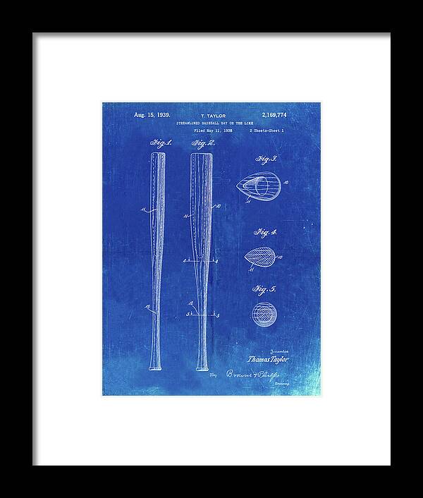 Pp89-faded Blueprint Vintage Baseball Bat 1939 Patent Poster Framed Print featuring the digital art Pp89-faded Blueprint Vintage Baseball Bat 1939 Patent Poster by Cole Borders