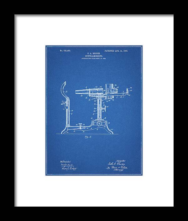 Pp974-blueprint Ophthalmoscope Patent Framed Print featuring the digital art Pp974-blueprint Ophthalmoscope Patent by Cole Borders