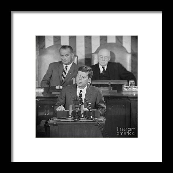 Event Framed Print featuring the photograph President Kennedy Announces The Apollo by Bettmann