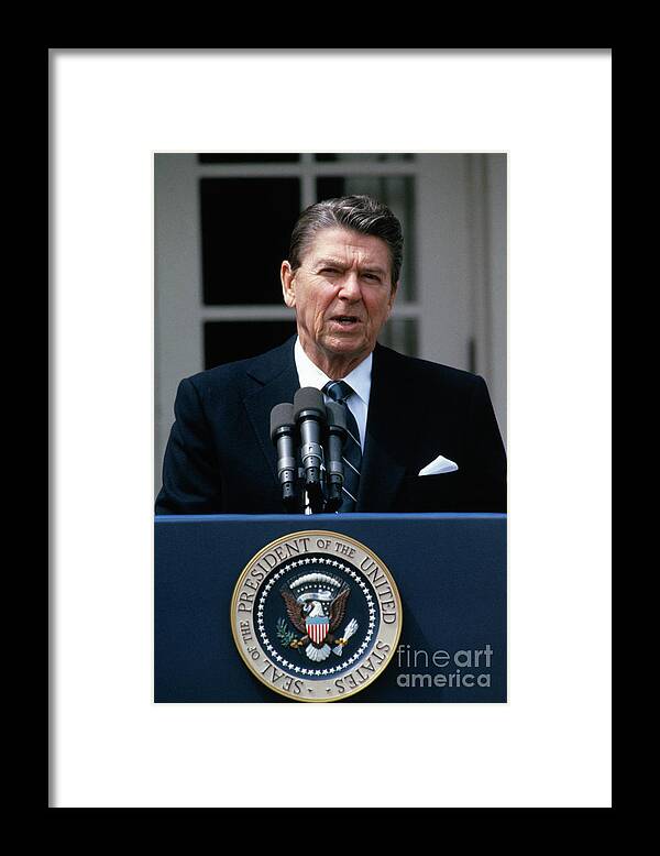 1980-1989 Framed Print featuring the photograph President Reagan Giving A Speech by Bettmann
