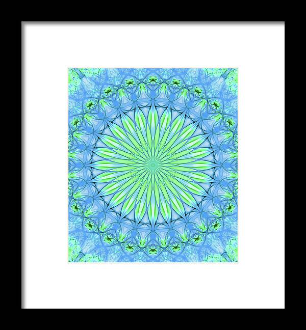 Mandala Framed Print featuring the digital art Pretty mandala in neon green and neon blue colors by Jaroslaw Blaminsky