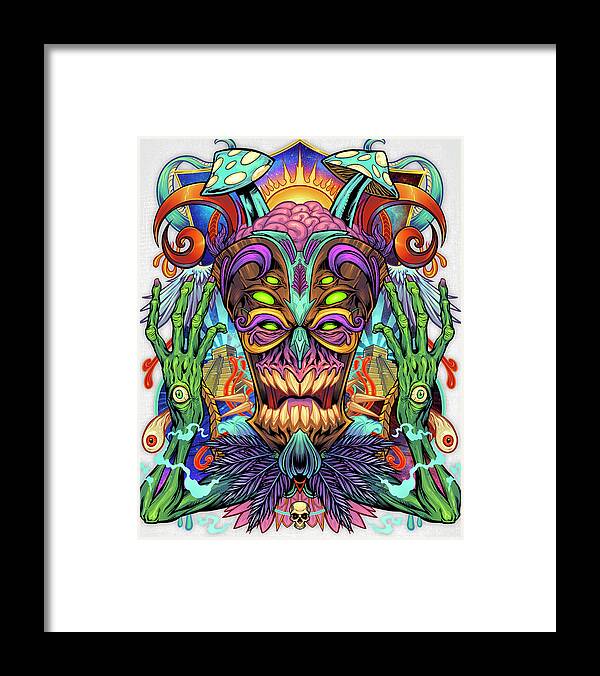 Psychedelic Tiki Creature Framed Print featuring the digital art Psychedelic Tiki Creature by Flyland Designs