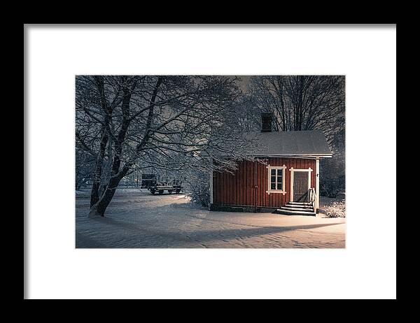 Landscape Framed Print featuring the photograph Public Cozy Old Cafe Place With Snow by Jani Riekkinen