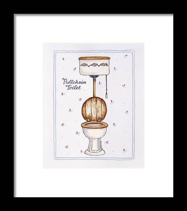 Pullchain Toilet With Wooden Seat And Flowers Painted On Tank Framed Print featuring the painting Pullchain Toilet by Shelly Rasche