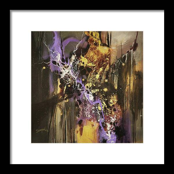 Abstract Framed Print featuring the painting Purple and Gold Fusion by Tom Shropshire