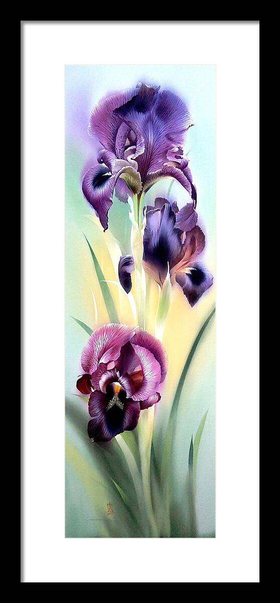 Russian Artists New Wave Framed Print featuring the painting Purple Iris Flowers by Alina Oseeva