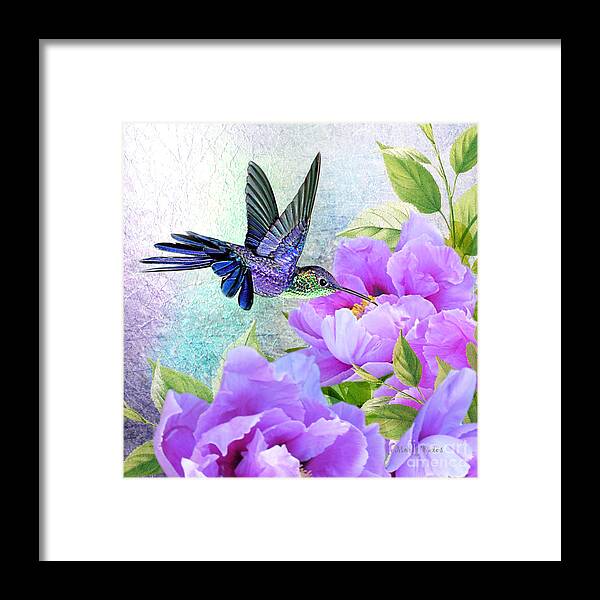 Humming Bird On Flowers Framed Print featuring the digital art Purple Pleasure by Morag Bates