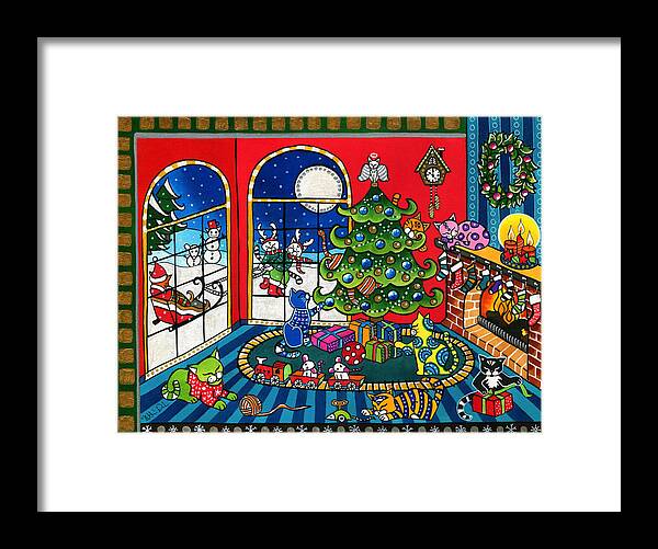 Purrfect Christmas Framed Print featuring the painting Purrfect Christmas Cat Painting by Dora Hathazi Mendes
