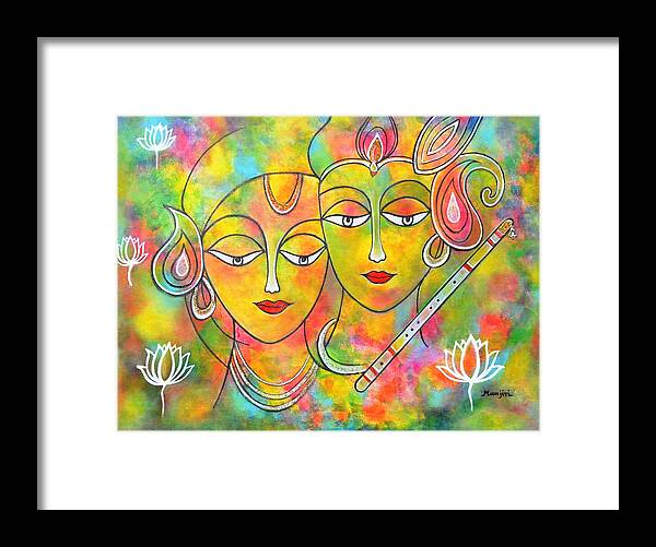 Holifestival Framed Print featuring the painting Radh Krishna Holi abstract II colorful vibrant by Manjiri Kanvinde