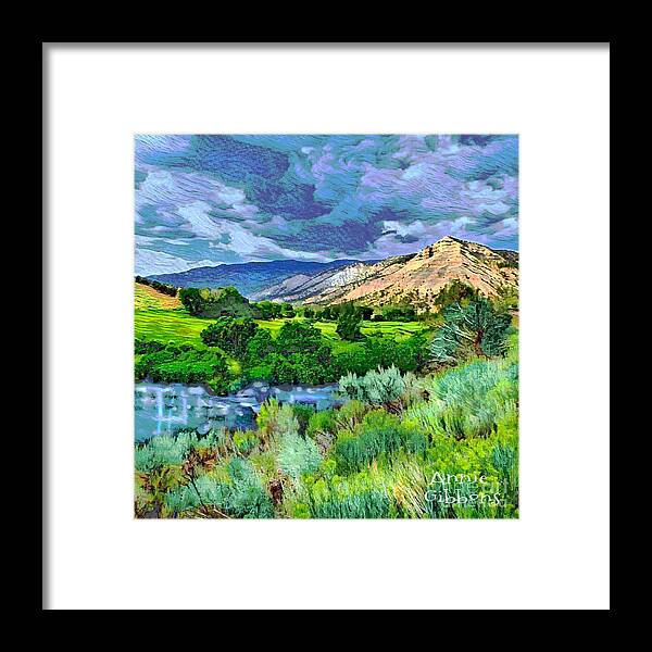 Rain Clouds Hover Over An Idyllic Valley Colorado Grey Blues Greens Teals Tan Pink And Purple Framed Print featuring the digital art Rain Clouds on the way to Sweetwater by Annie Gibbons