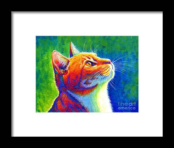 Cat Framed Print featuring the painting Anticipation - Psychedelic Rainbow Tabby Cat by Rebecca Wang