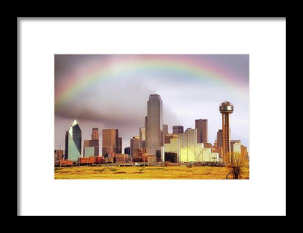 Dallas Skyline Framed Print featuring the photograph Rainbow over Downtown Dallas - Dallas Skyline - Texas by Jason Politte