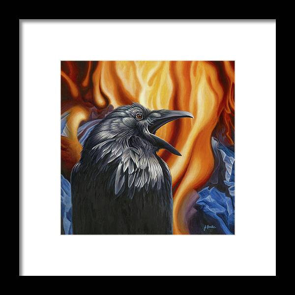 Raven Fire Framed Print featuring the painting Raven Fire by Judith Hartke