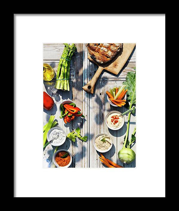Ip_11184432 Framed Print featuring the photograph Raw Vegetables And Assorted Dips by Landler/keppler
