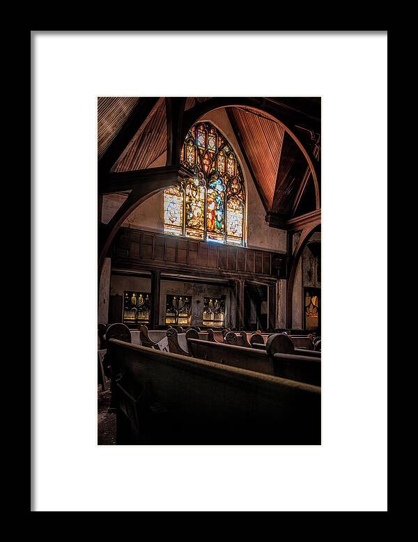 Abandoned Framed Print featuring the photograph Rays Of Light Within The Sanctuary by Kristia Adams