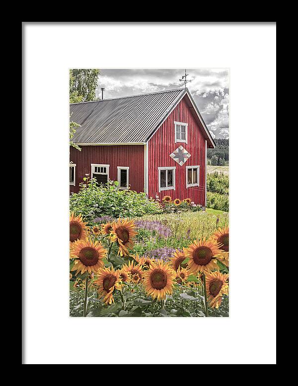 Barn Framed Print featuring the photograph Red Barn in Summer Country Sunflowers by Debra and Dave Vanderlaan