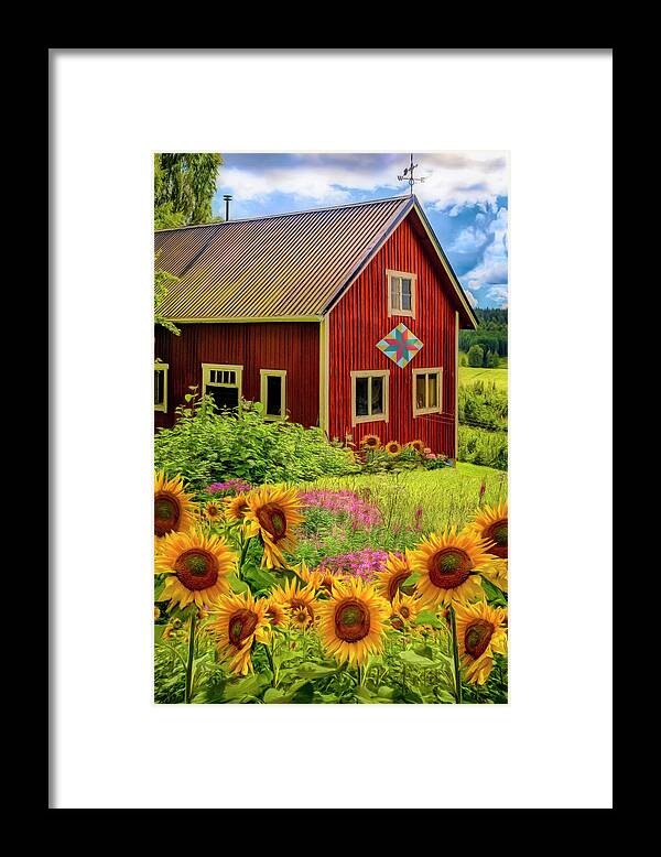 Barns Framed Print featuring the photograph Red Barn in Summer Sunflowers Painting by Debra and Dave Vanderlaan