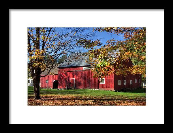 Red Barn Framed Print featuring the photograph Red Barn with Fall Foliage by Joann Vitali