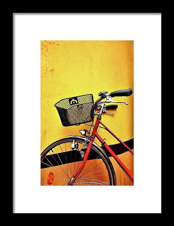 Leaning Framed Print featuring the photograph Red Bike And Yellow Wall by See Me On Flickr Account-metal543