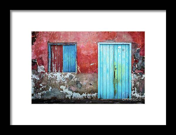 Wall Framed Print featuring the photograph Red, blue and grey wall, door and window by Lyl Dil Creations