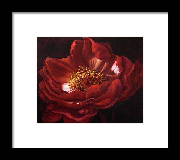 Red Flower Framed Print featuring the painting Red Peonie Macro Painting by Lynne Pittard