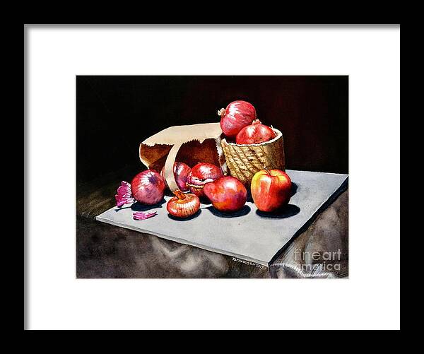 Still Life Framed Print featuring the painting Red Onions and Red Fruit by Jeanette Ferguson