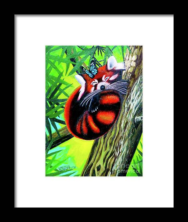 Red Panda Framed Print featuring the mixed media Red Panda With Blue Butterfly by Genevieve Esson