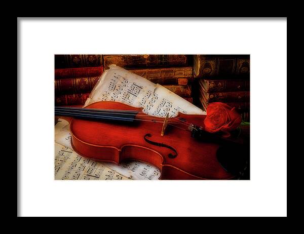 Old Framed Print featuring the photograph Red Rose And Violin With Sheet Music by Garry Gay