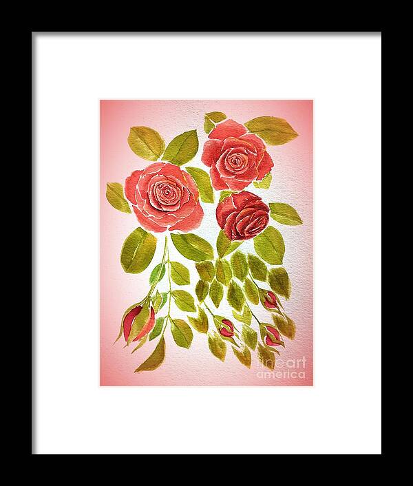 Red Framed Print featuring the painting Red Rose Floral Pre Framed by Delynn Addams