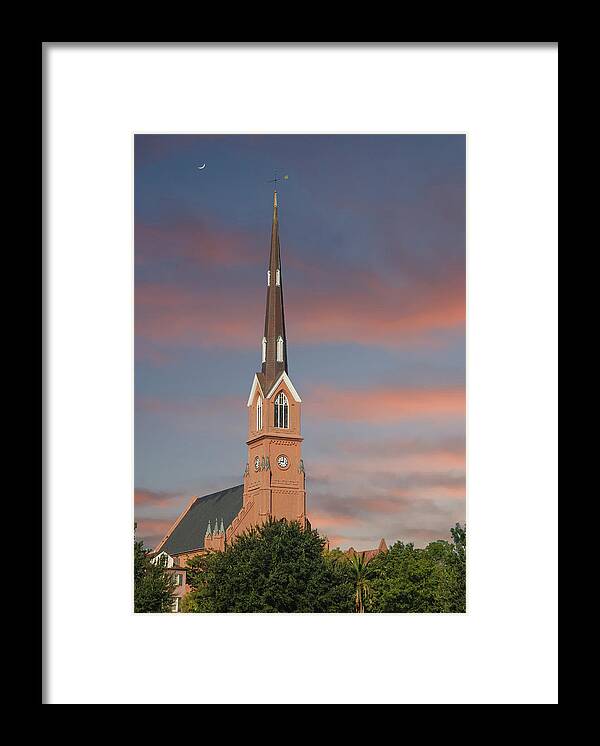 Charleston Framed Print featuring the photograph Red Stucco Steeple Rising in Early Morning Light by Darryl Brooks