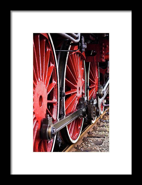 Passenger Train Framed Print featuring the photograph Red Wheels Of An Old Steam Locomotive by Ewg3d