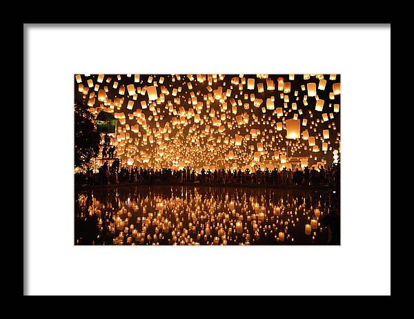 Hanging Framed Print featuring the photograph Reflection_floating Lanterns Yi Peng by Nanut Bovorn