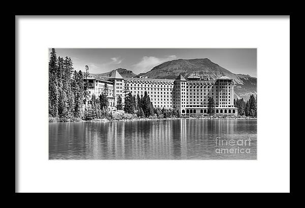 Lake Louise Framed Print featuring the photograph Reflections Of The Chateau Lake Louise Black And White by Adam Jewell